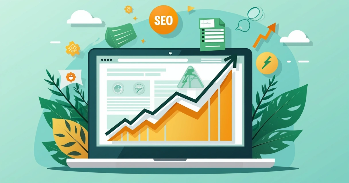 Gráfico de crescimento de visitas em blog com elementos de SEO ao fundo
