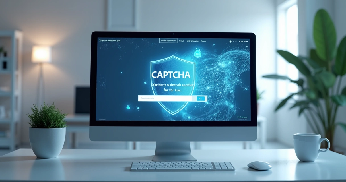 Ilustração de segurança online com CAPTCHA e escudo protegendo o site 