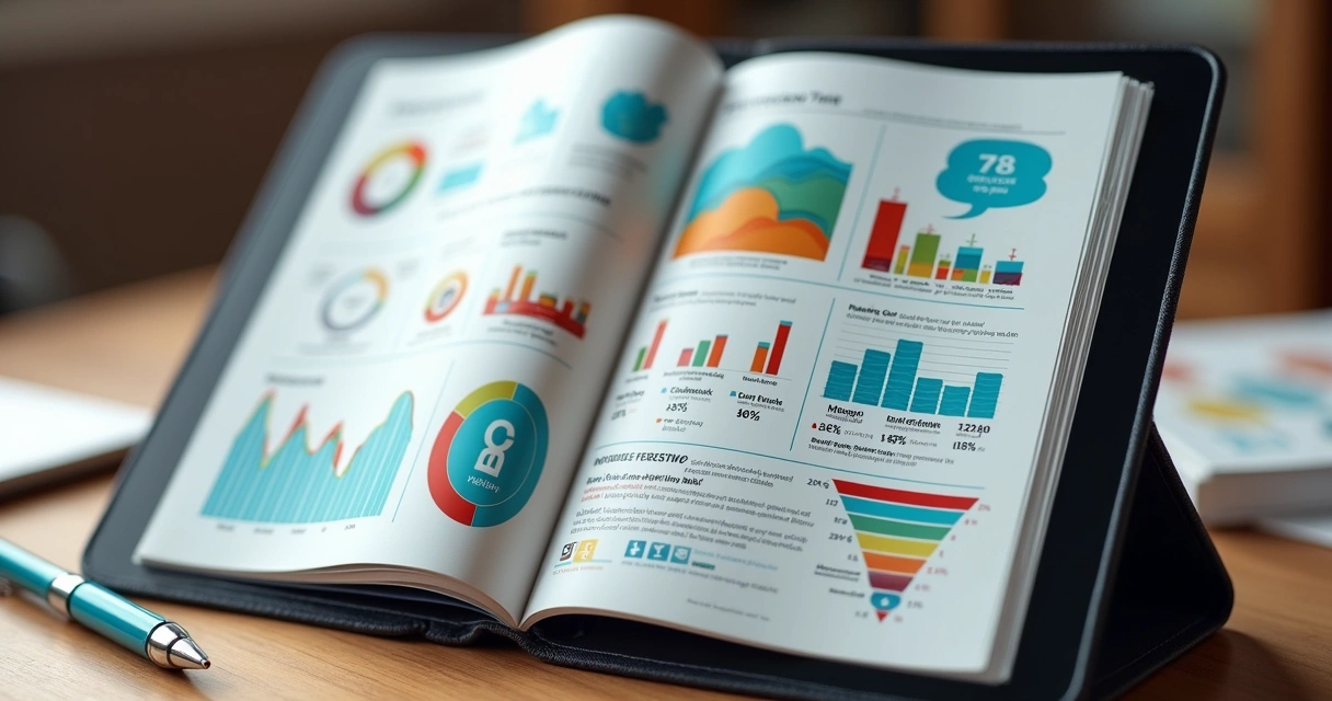 Guia digital ilustrado aberto com gráficos e listas 