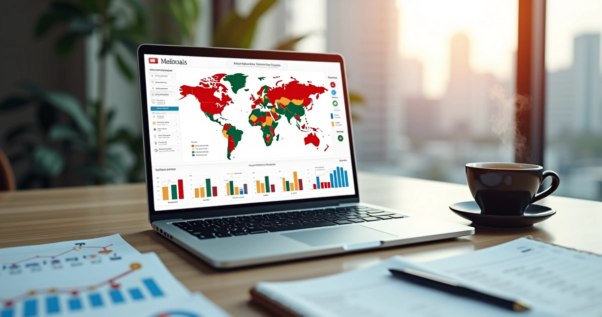 Tela de laptop exibindo painel de tráfego com vários idiomas e países destacados 