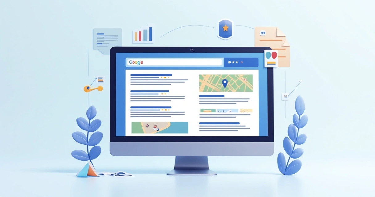 Principais elementos da SERP exibidos em tela de computador 