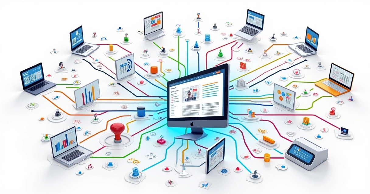Estratégia de link building representada graficamente com diferentes domínios conectados 