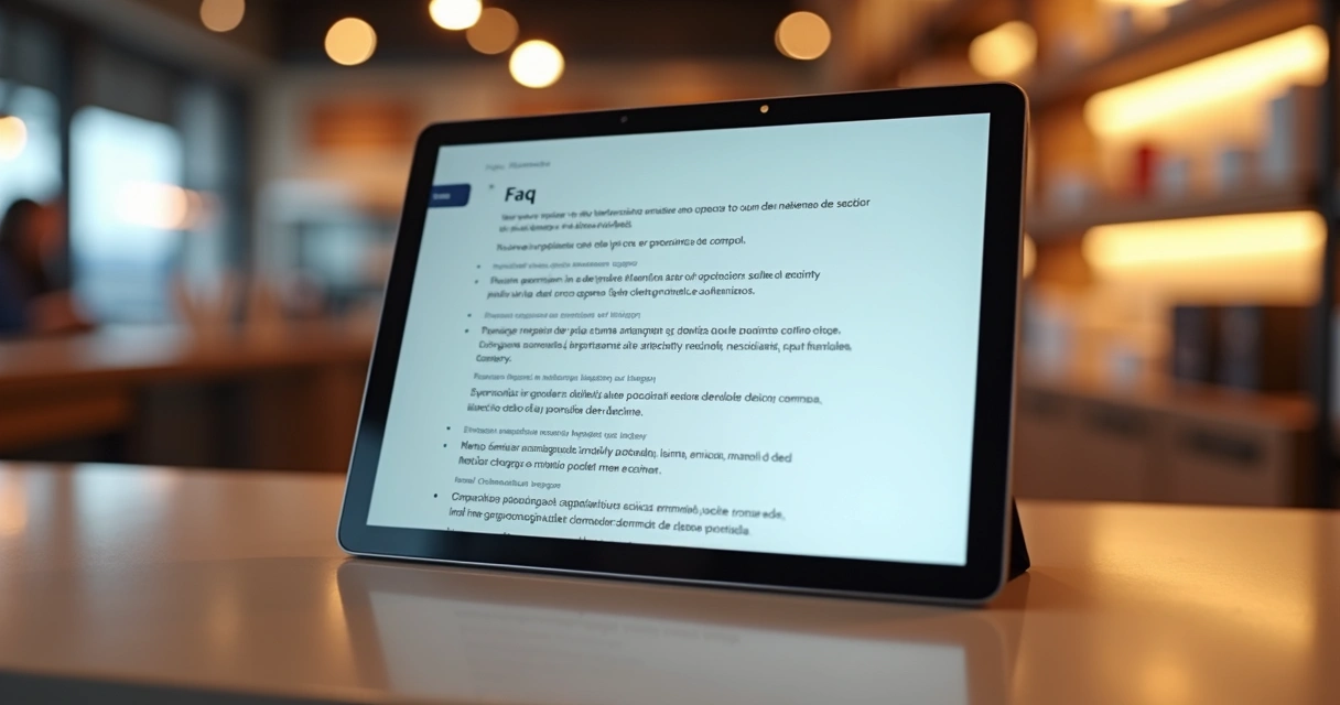 Página de perguntas frequentes exibida em tablet sobre mesa de loja online 