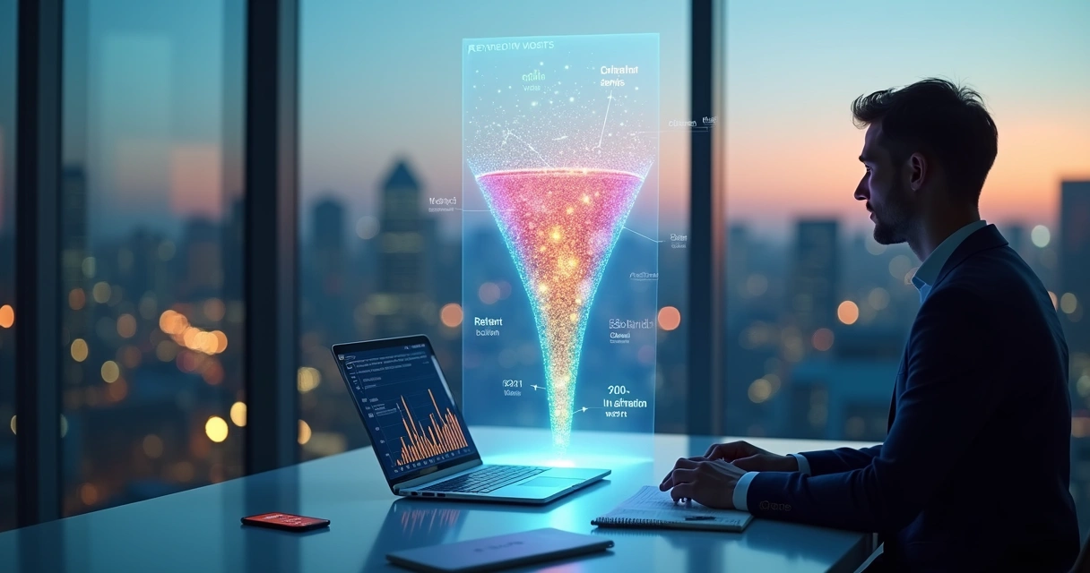 Gestor analisa funil digital com taxa de churn em painel futurista 