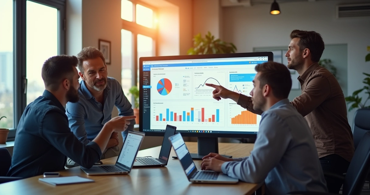 Equipe reunida analisando estratégias de crescimento para site