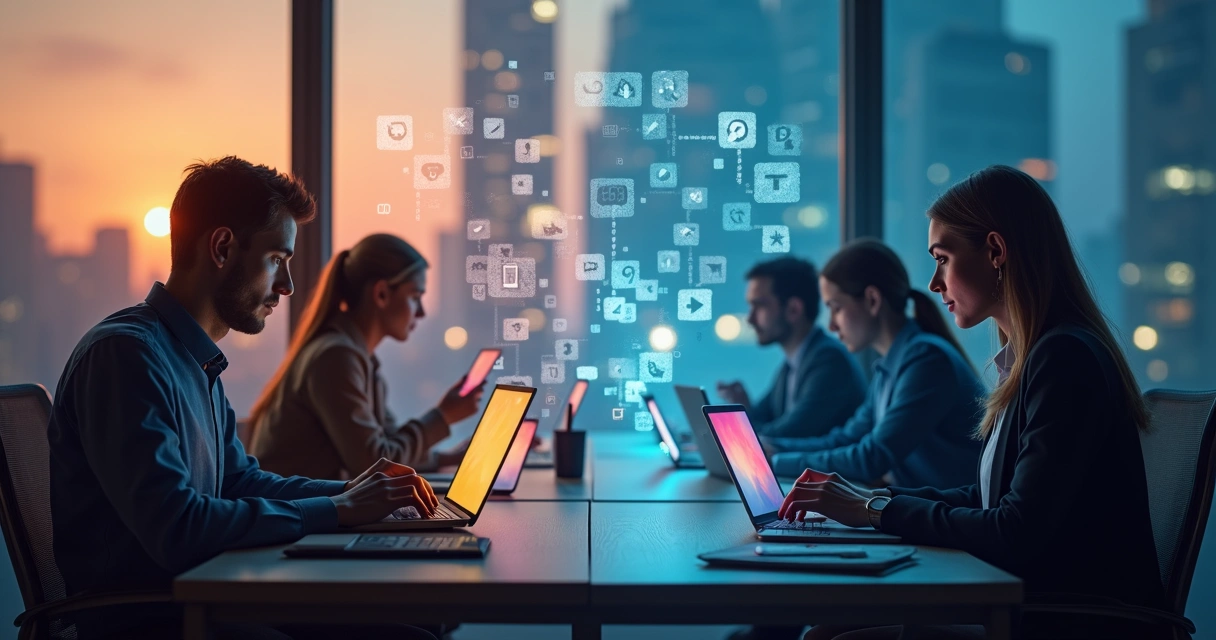 Grupo de pessoas usando diferentes dispositivos em um ambiente digital 
