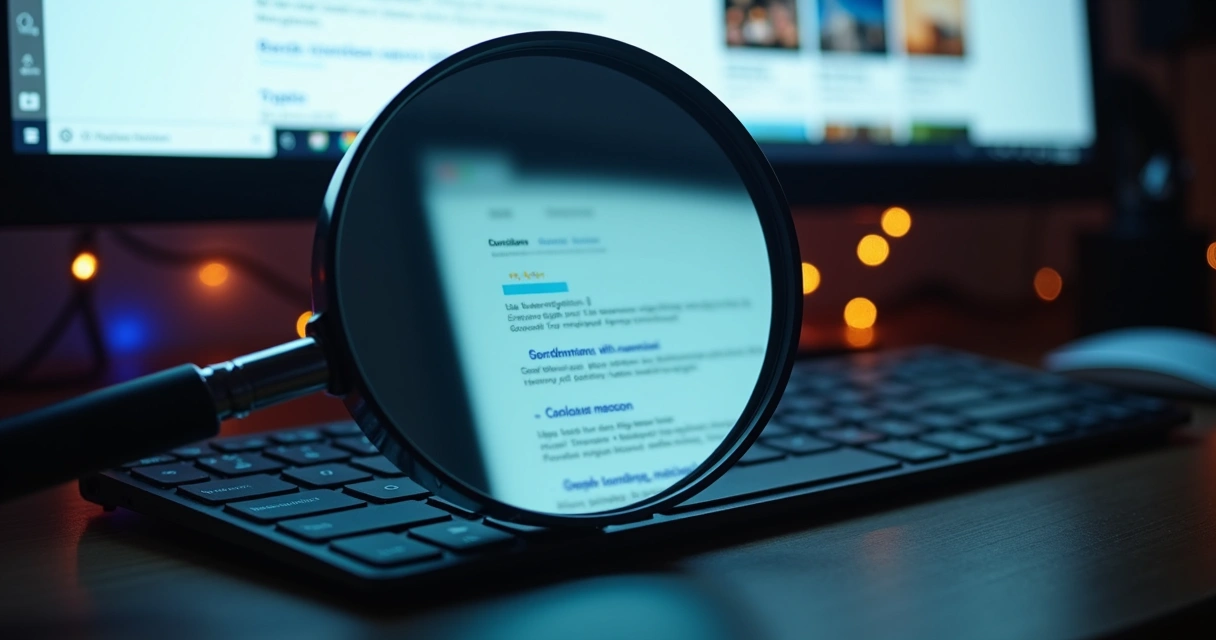 Página de resultados de busca refletida em lente de lupa sobre teclado luminoso 