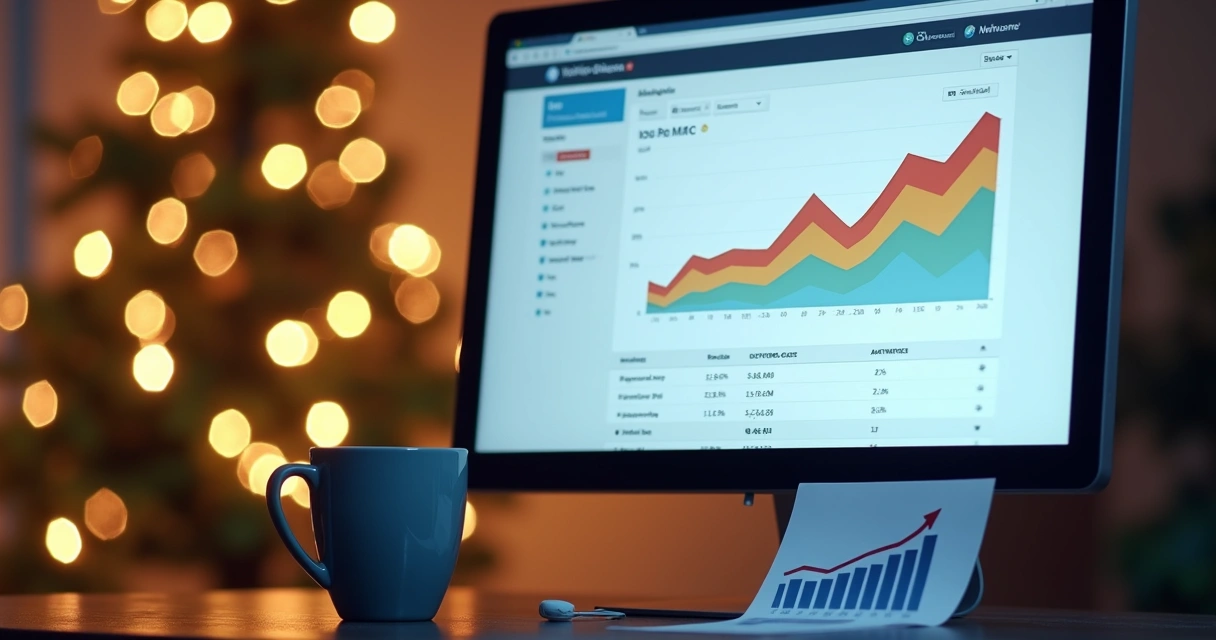 Gráfico de tráfego aumentando em datas sazonais, tela de computador mostra crescimento 