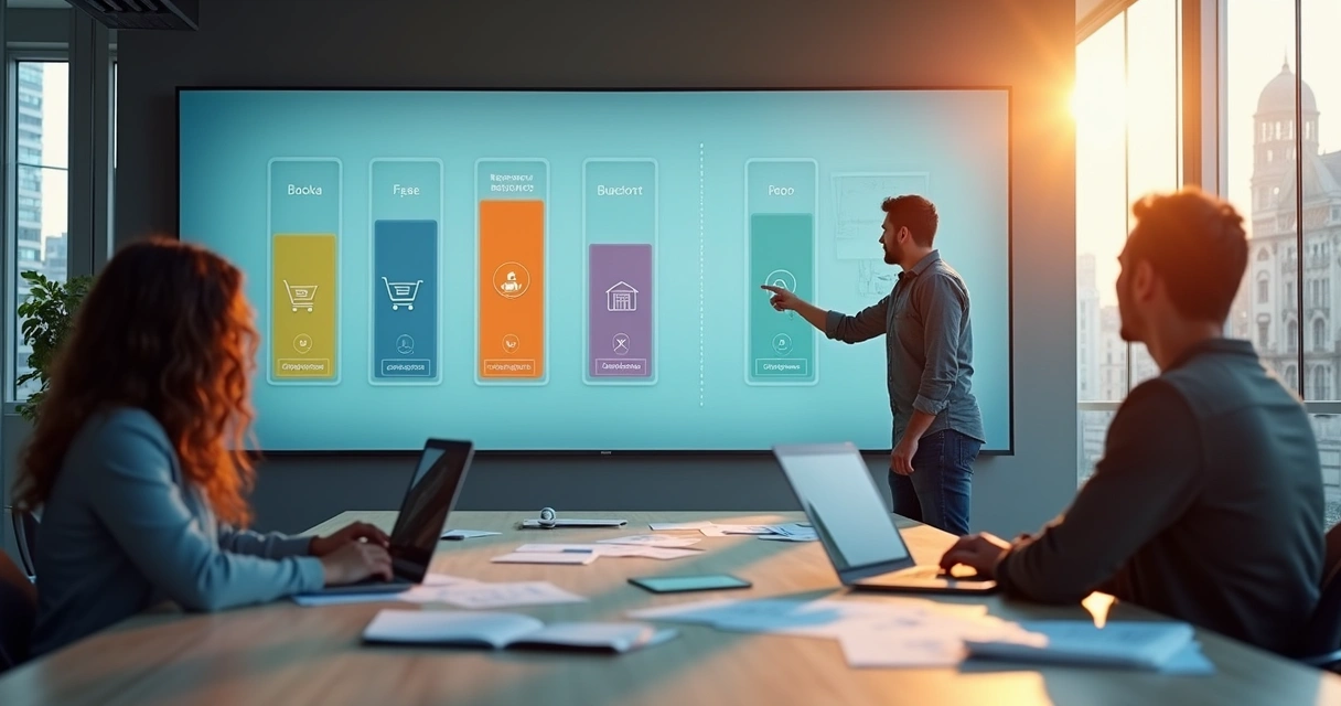 Marketing professional organizing five visitor segments on a large digital board 