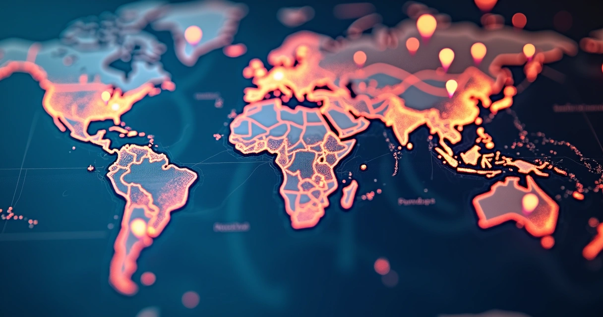 Mapa digital com cidades destacadas e palavras-chave flutuando