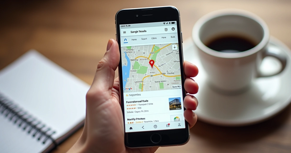 Pessoa usando o smartphone para buscar locais próximos na SERP 