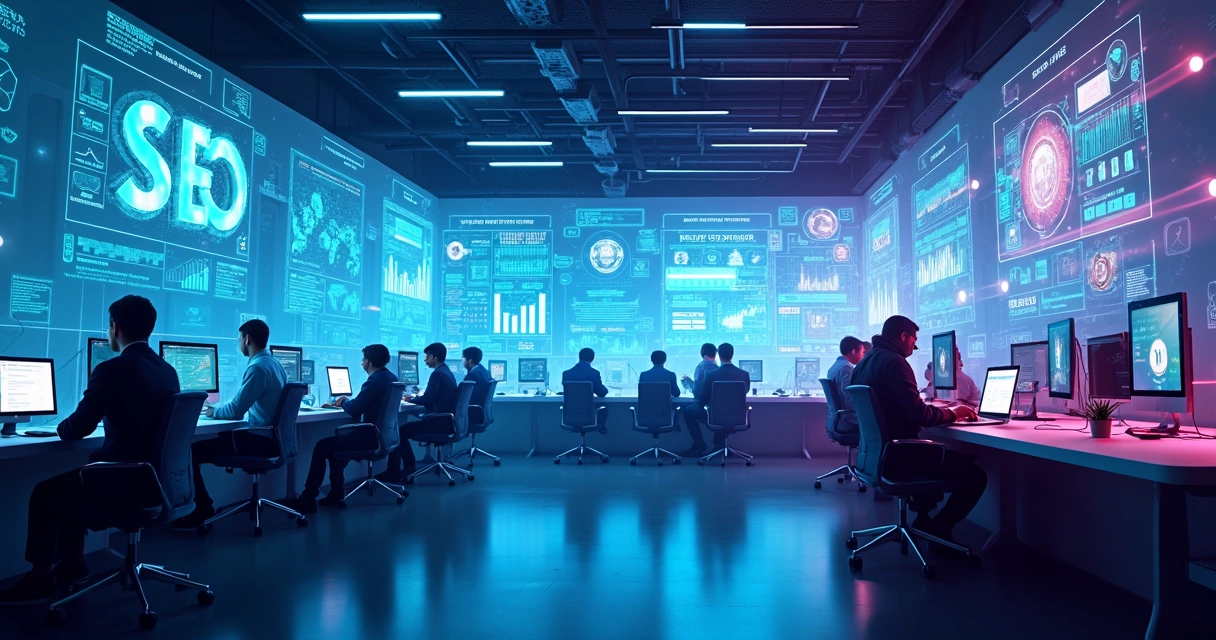 Visualização futurista de tendências de SEO em dispositivos diversos 
