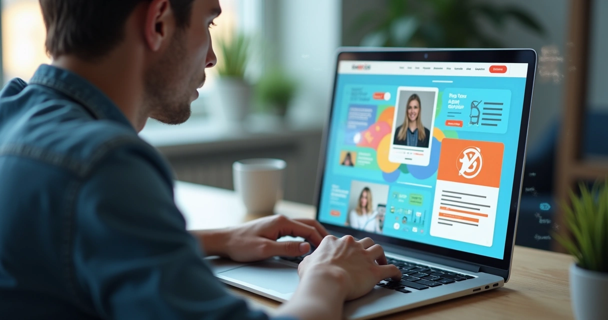 Usuário navegando e interagindo em página web moderna 